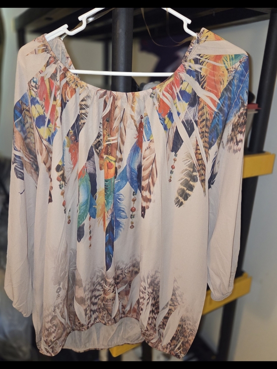 Fashion Nova Tops - Fashion Nova Beige Boho Feather Print Blouse